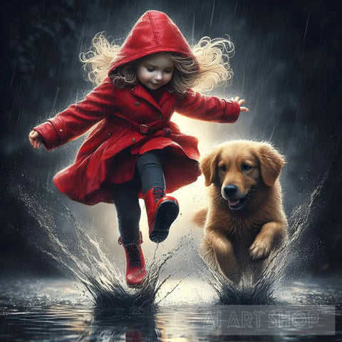 Little Girl And Dog In The Rain Ai Artwork