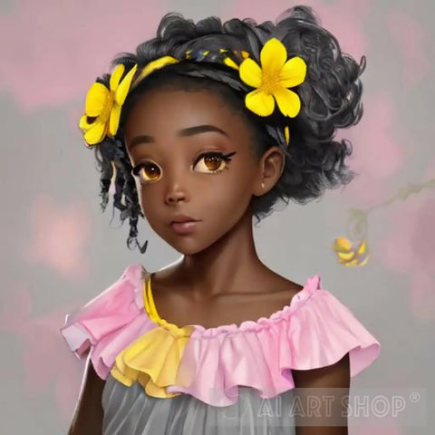 Little Girl With Yellow Flowers In Hair Portrait Ai Art