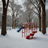 A park with snow-covered playground equipment and trees (2)