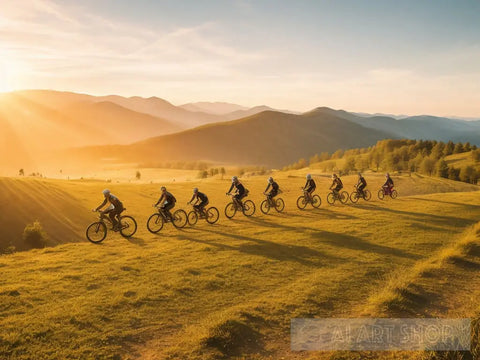 Low - Angle View Of A Line Cross - Country Bikers Traveling In The Mountainous Landscape At Sunset