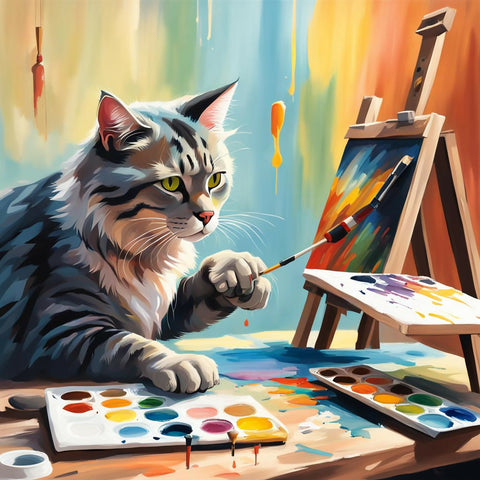 A cat meticulously painting a canvas in a cozy art studio