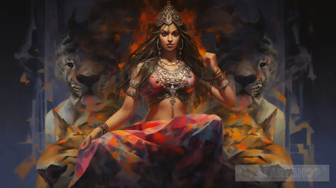 Lunar Radiance: The Empowering Portrait Of Goddess Chandraghanta Ai Art