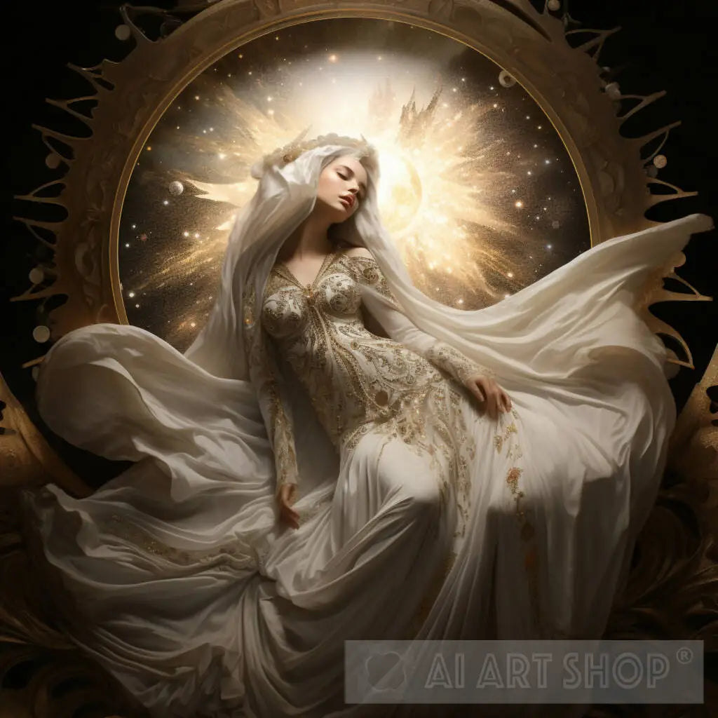 Lunar Reverie: Woman on a Crescent Moon in Dreamlike Splendor
