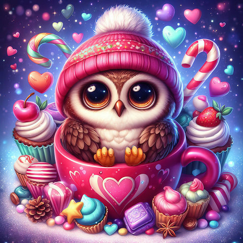 Cute owl with a hat in a cup surrounded by sweets copy