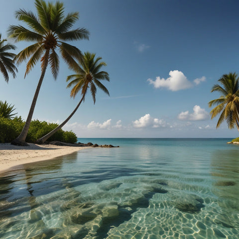 A tranquil beach with crystal-clear water and palm trees swaying in the breeze (2)