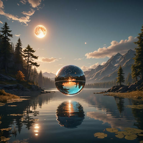 A glowing orb over a calm lake