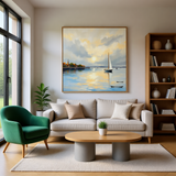Golden Harbor Serenity – Monet Inspired Impressionist Sailboat Painting