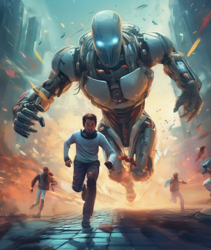 Man vs. machine, cyborg, race, fear, running, man, machine, Ai gene...