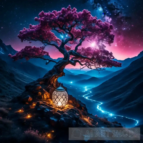 Magic Tree During Night Landscape Ai Art
