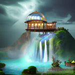 Magical Waterfall Town Landscape Ai Art