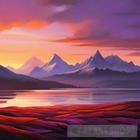 Majestic Mountains Bathed In The Warm Colors Of A Vibrant Sunset. Landscape Ai Art