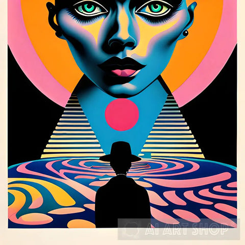 Man Silluete Looking At Woman Face On Pyramid In Psychedelic Realm Abstract Ai Art