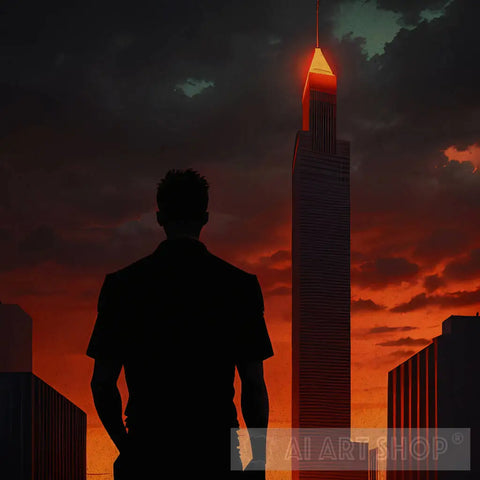 Man Standing In Front Of A Tall Building At Sunset Ai Artwork