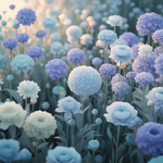 Enchanting pastel floral field with white, blue, and purple blooms, creating a serene atmosphere for any space. Generative Al