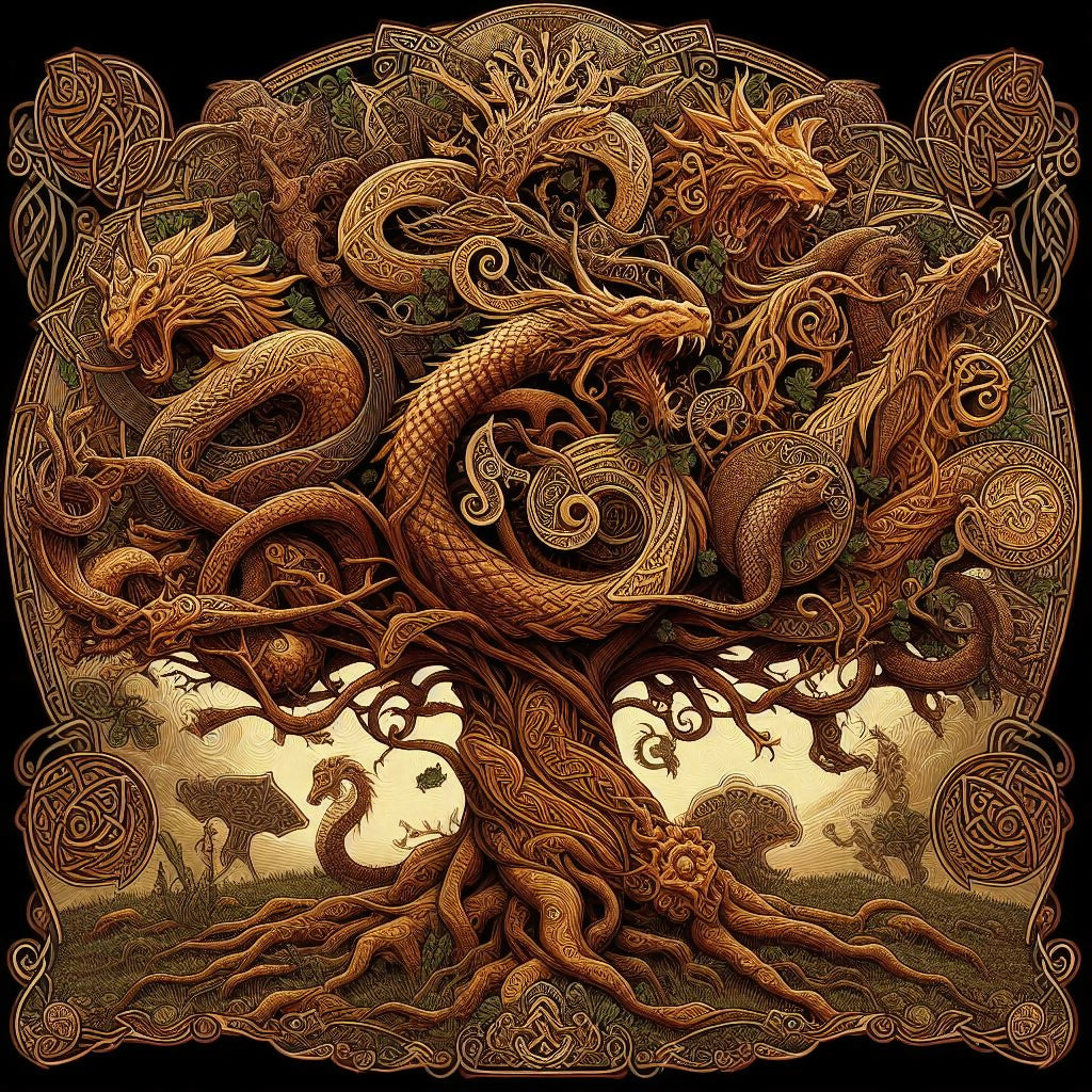 The Wyrmroot Tree – Celtic Fantasy Art with Dragons and Stag