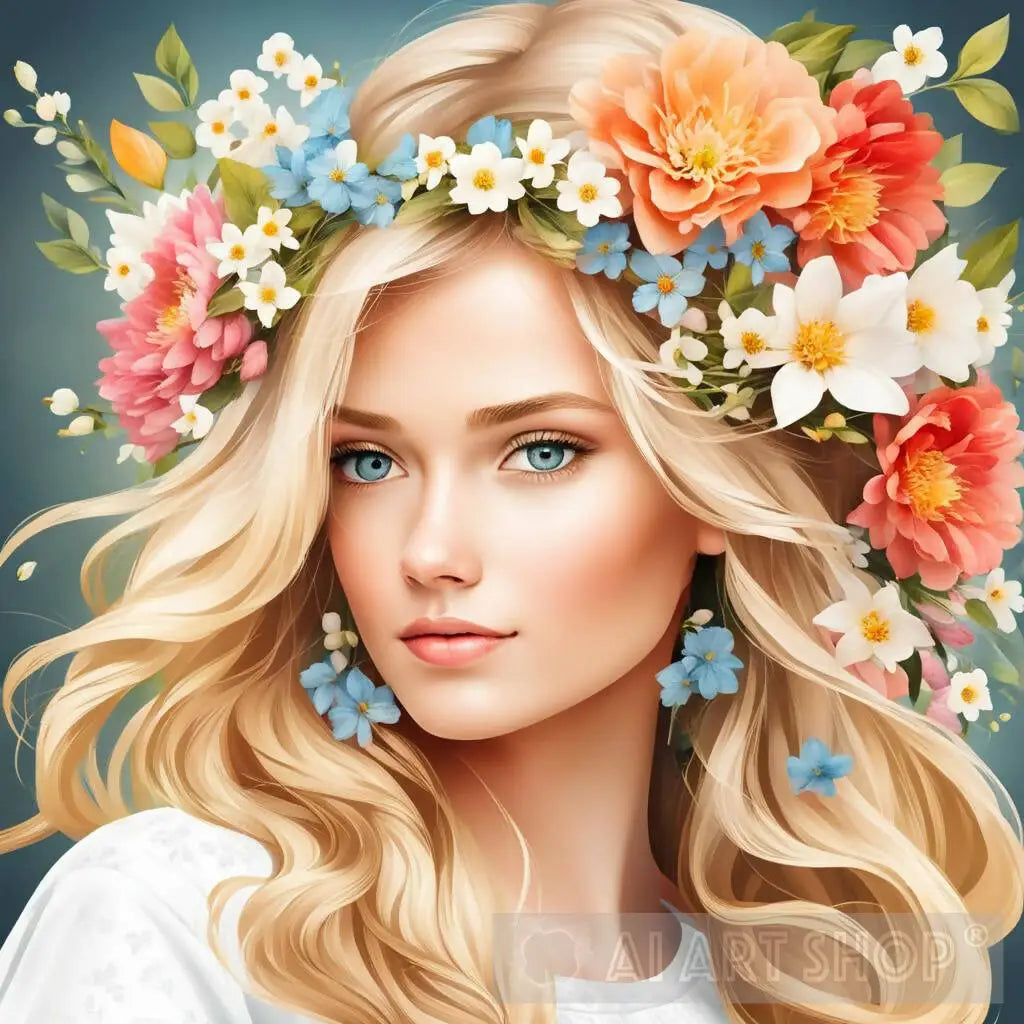 beautiful blonde women with flowers in her hair