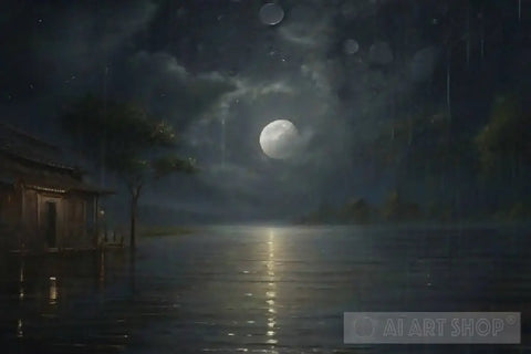 Moon In Raining Night Landscape Ai Art