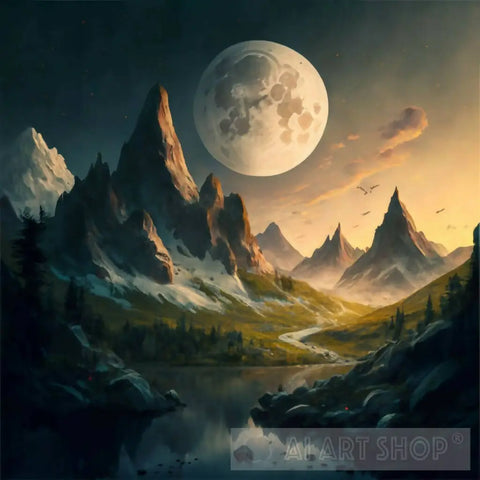 Moonlit Majesty: Dusk Over The Peaks Landscape Ai Art