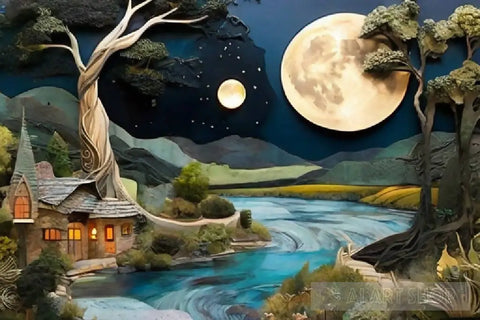 Moonlit Serenade: Guardians Of The Night River Landscape Ai Art