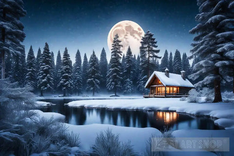 Moonlit Serenity - Winter Cabin Landscape Nature Ai Art