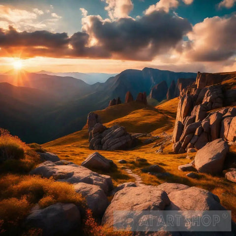 Mountain Landscape With Rocks And Sunset Ai Artwork