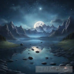 Mountain Scene With The Moons Reflection On A Lake Ai Artwork