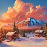 Mountain Village Snow Woodens Huts Landscape Ai Art