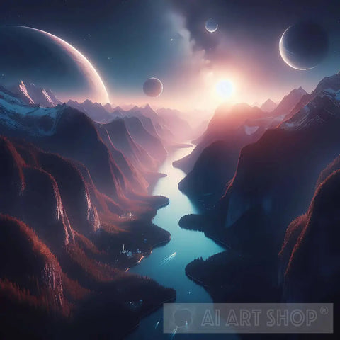 Mountains Clouds River Planets And Sun Ai Painting