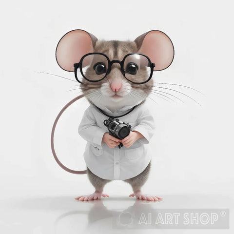 Mouse With Small Square Glasses Looking Amused Full Body Is Isolated On A White Background Animal Ai