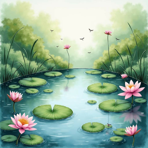 Serene Pond with Water Lilies and Dragonflies