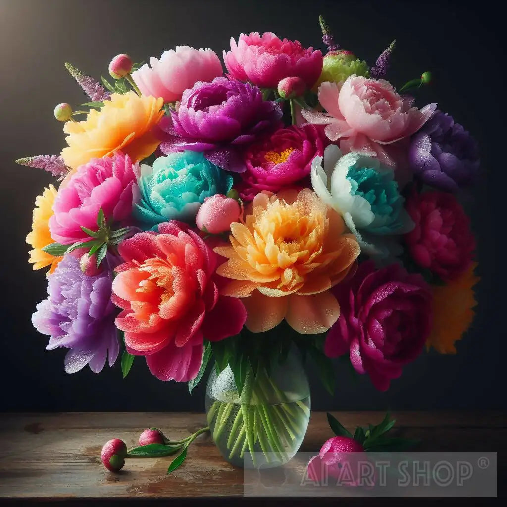 Multicolored Peonies in a Vase