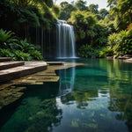 A serene waterfall cascading into a crystal-clear pool surrounded by lush greenery (2)