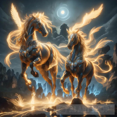 Mystic Horses In The Lightening Ai Artwork