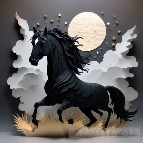 Mystic Majesty: The Enigmatic All-Black Horse In The Storm Animal Ai Art