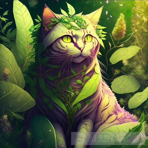 Mystical Cat Fused With Plants Animal Ai Art