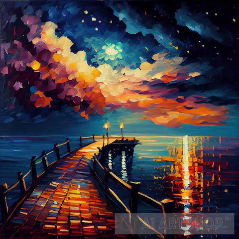 Mystical Coastal Pier - Beautiful Landscape Oil Painting Masterpiece Ai
