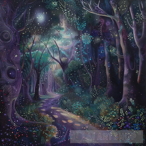 Mystical Forest With Glowing Flora - Pointillist Illustration Impressionism Ai Art