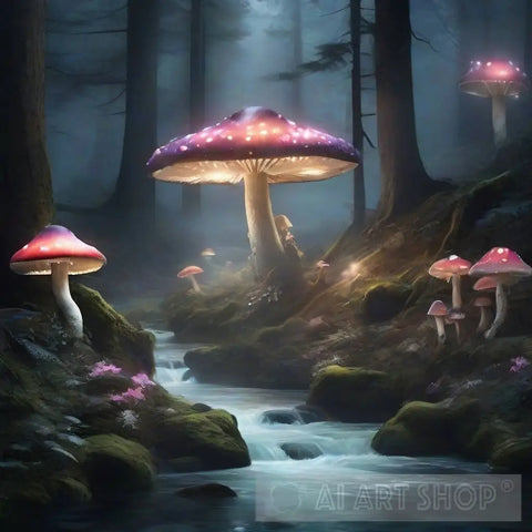 Mystical Forest With Glowing Mushrooms Ai Artwork