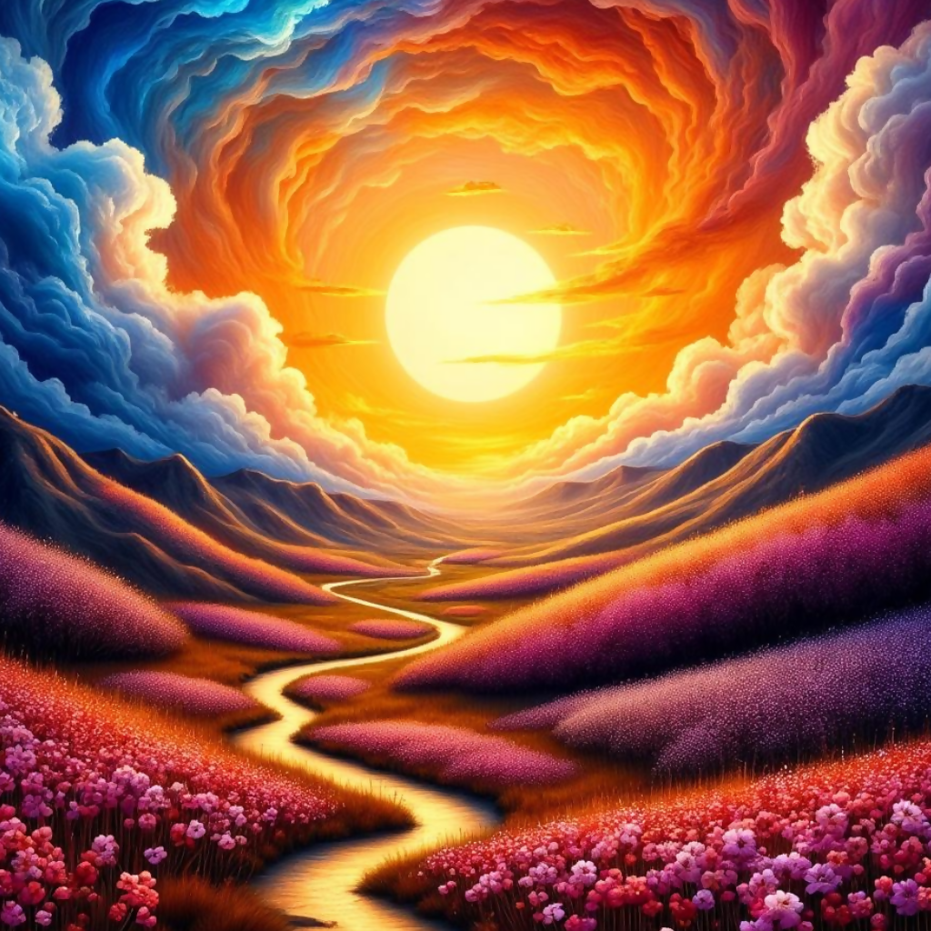 Celestial Bloomscape – Dream Valley Sunset
