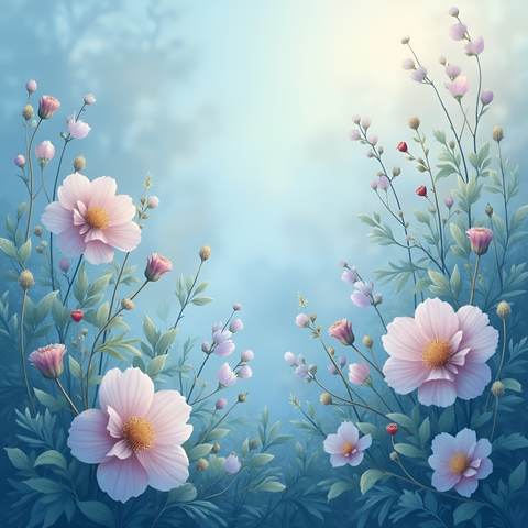 Delicate pink flowers bloom against a soft blue background, creating a serene and tranquil atmosphere. Generative Al