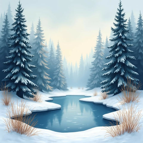 Tranquil Winter Forest with Frozen Pond