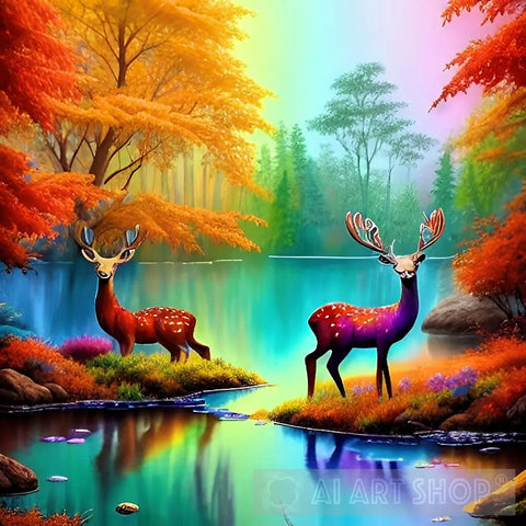 Nature Scenery Landscape With Lakes And Deers Ai Art