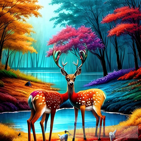 Nature Scenery With Deers In The Forest Ai Art