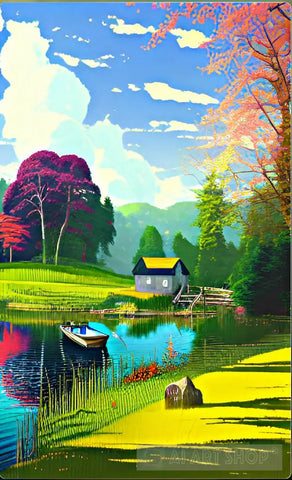 Nature Scenery With Lake And Cottage In The Forest Ai Art