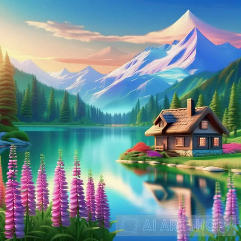 Nature Scenery With Lake Meadows And Cottage Ai Art