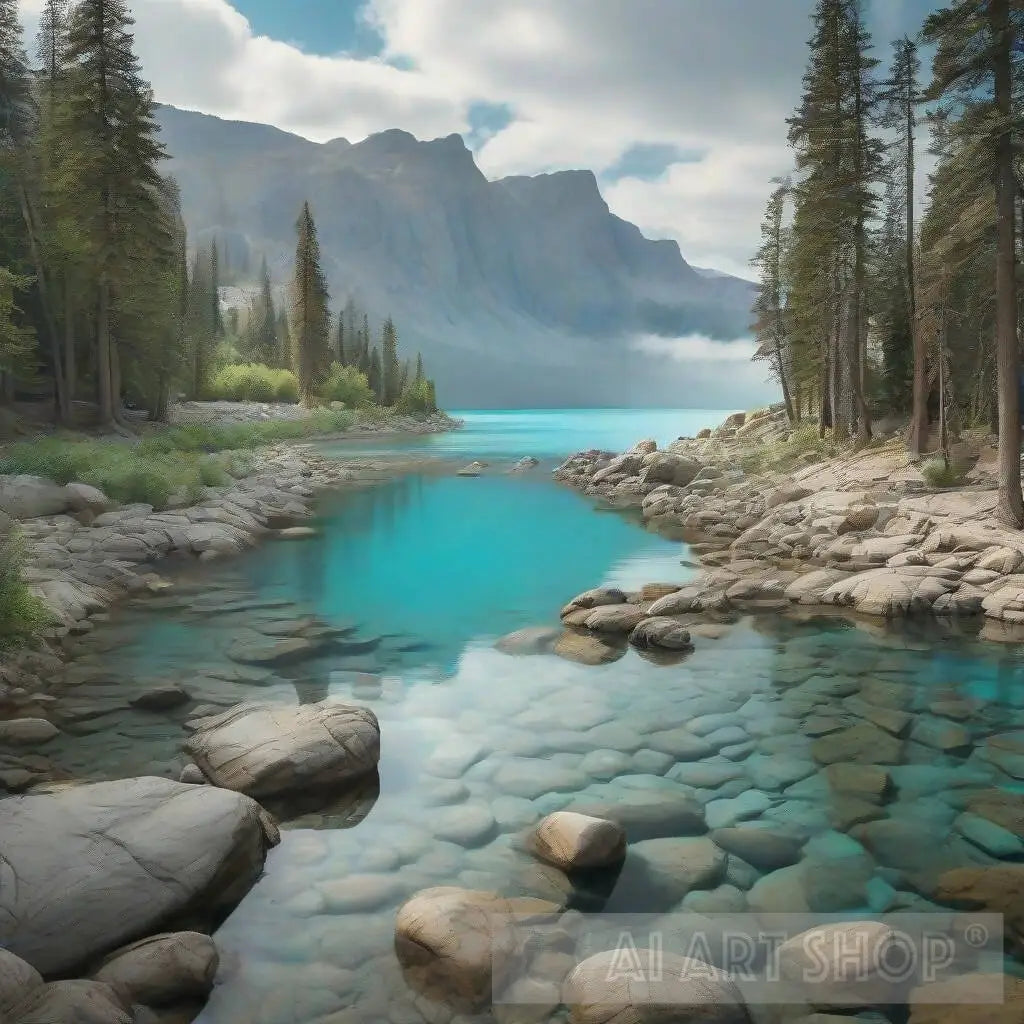 Nature's Serenity Turquoise Lake Surrounded by Rocks and Trees
