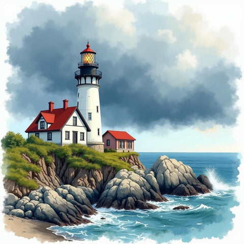 Lighthouse on Rocky Coast During a Storm