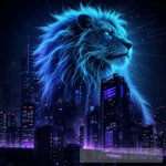 Neon Blue Lion Overlooking City At Nigh Animal Ai Art