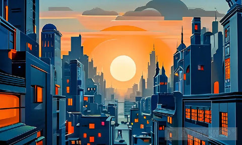 Neon Dreamscape: A Futuristic City Bathed In Sunset Hues Ai Painting