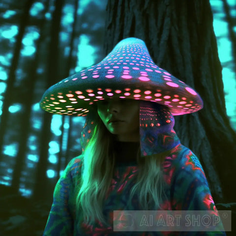 Neon Mushroom Muse: Enigmatic Beauty In The Dark Forest Nature Ai Art